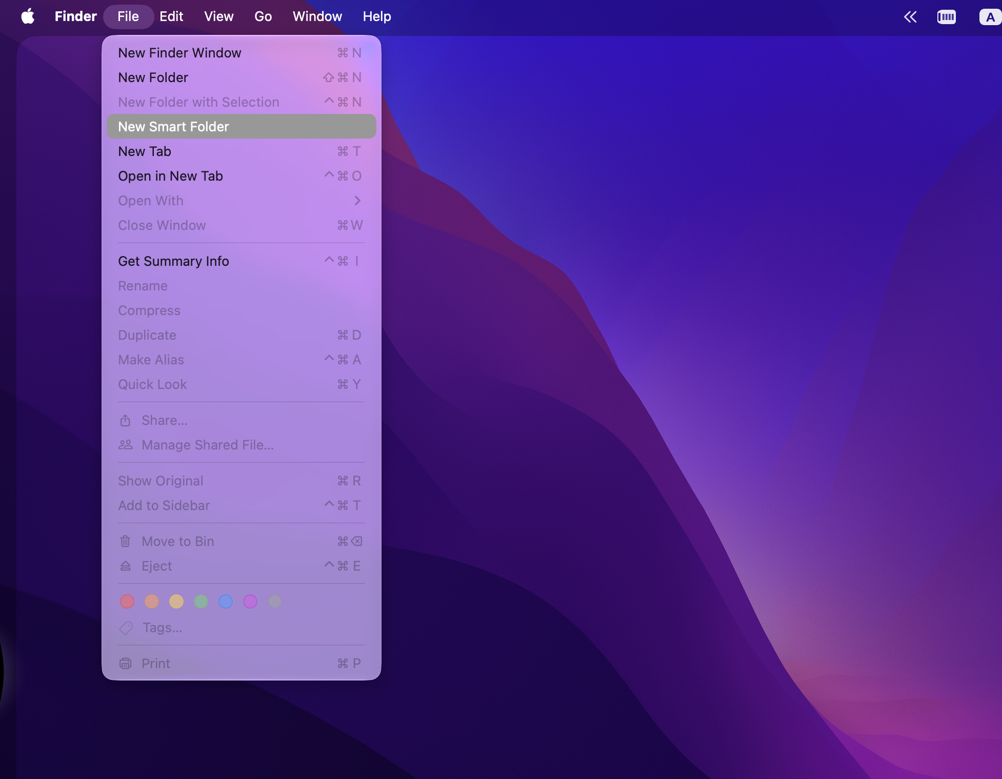 Finder File menu with New Smart Folder highlighted